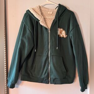 Sherpa-Lined Forest Green Zip Hoodie with Logo Patch